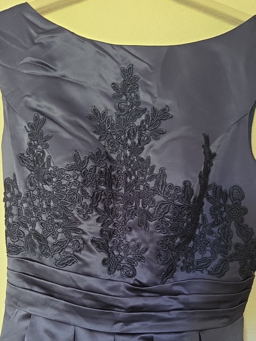 Sleeveless Midnight Blue Lace-Appliqué Satin Dress